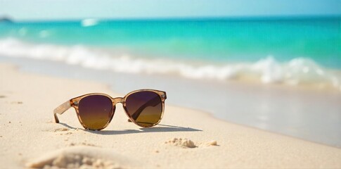 Relaxing beach scene featuring stylish sunglasses resting on soft sand, ocean waves gently lapping the shore, sunny day, summer vacation vibes , tranquility, summer