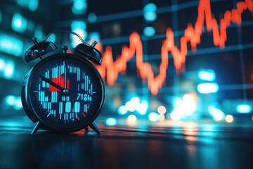Stock market alarm clock displaying trading graphs and charts in a modern financial environment during the early morning hours