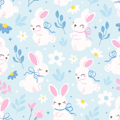 Cute Bunny Seamless Pattern, White Rabbits with Bows on Floral Background, Kawaii Spring Nursery Design