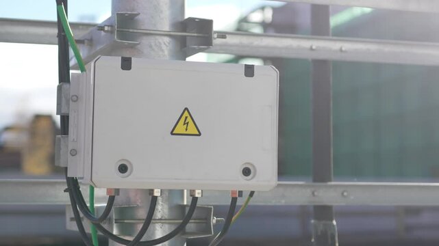 Transformer box marked with high voltage warning sticker emphasizing safety precautions. Enclosure protects critical components in station