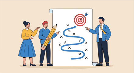 Illustration of a group of business professionals actively planning strategies to meet goals. Depicts teamwork, creativity, and forward-thinking concepts in a minimalist, clean design