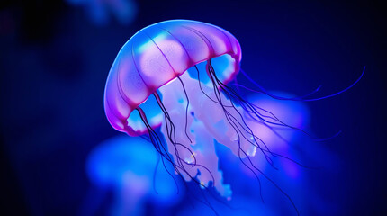 Glowing Purple Jellyfish in Dark Blue Ocean Water