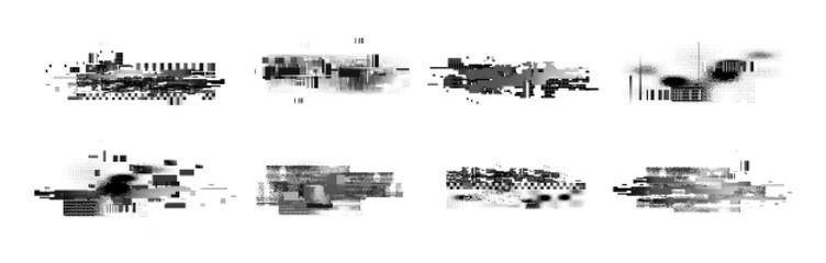 Pixel glitch distortion textures - black and white grainy noise and random squares. Horizontal scanlines and digital artifacts. Retro futuristic elements set for overlay design in cyberpunk style.