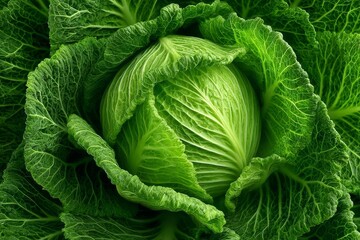 Obraz premium Close-up view of a fresh green cabbage with textured leaves.