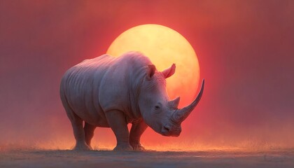 Fototapeta premium A majestic rhinoceros silhouetted against a vibrant sunset.