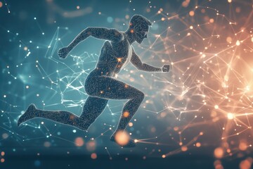 Abstract depiction of a male athlete running through a digital landscape filled with interconnected nodes and glowing particles