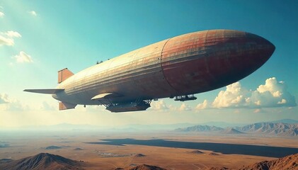 Fototapeta premium A colossal airship dominates the vast, clear sky, its shadow stretching across the land below A breathtaking display of engineering and scale, capturing the sheer immensity of flight , immense, power