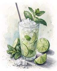 Refreshing mint lime drink with crushed ice and garnishes on a light background, Mojito