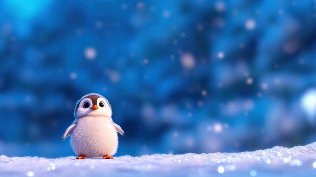 Cartoon penguin standing on snowy background winter holiday illustration
