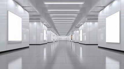 Fototapeta premium Spacious Empty White Hall with Large Digital Display Posters