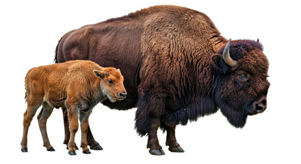 Bison Mother & Calf: Shaggy Coat, Lighter Fur, Isolated on White