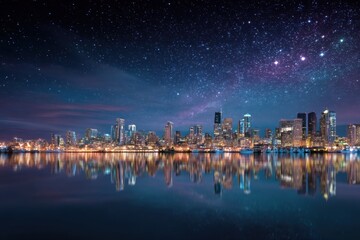 City skyline at night water reflection cityscape