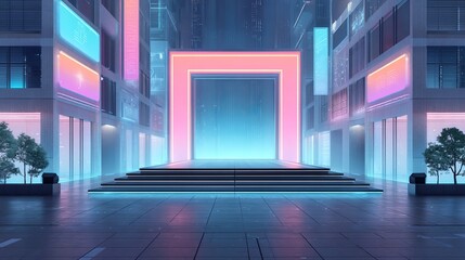 Futuristic cityscape neon stage with glowing lights for event presentation or promotion