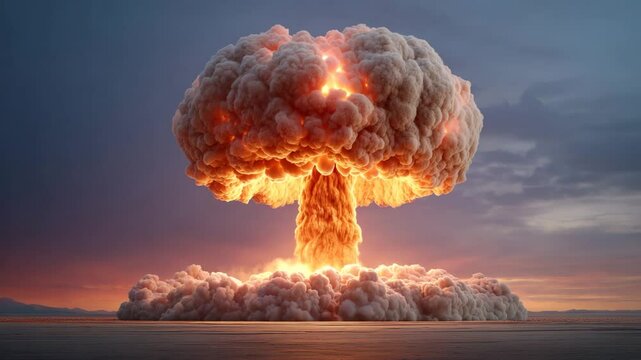 Nuclear explosion mushroom cloud over the horizon at sunset