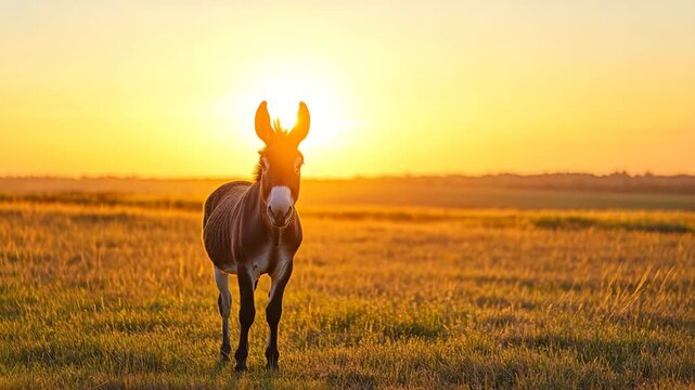 A donkey stands in a field of tall grass, with the sun setting in the background. The scene is peaceful and serene, with the donkey being the only living creature in the image