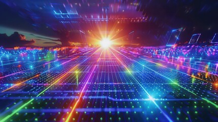 Obraz premium Abstract digital landscape with glowing grid lines and a bright light source in the distance