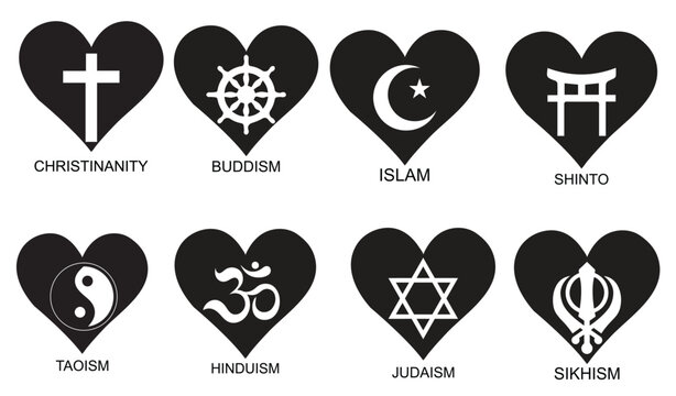 Black heart shapes each contain a white religious symbol, representing various faiths.
