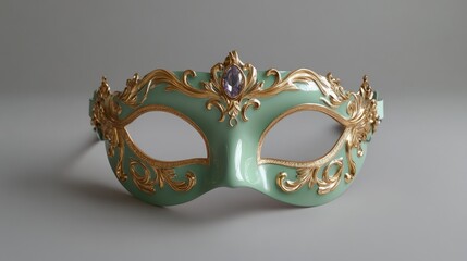 Ornate green and gold masquerade mask with jewel center