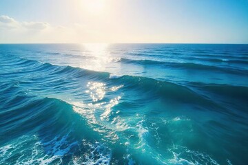 Vast expanse of deep blue ocean, sunlit waves rolling gently on the horizon Perfect for travel, nature, and serenity themes Ideal for websites, brochures, and social media , ripple, fish
