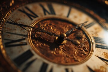 Close-up antique clock with Roman numerals