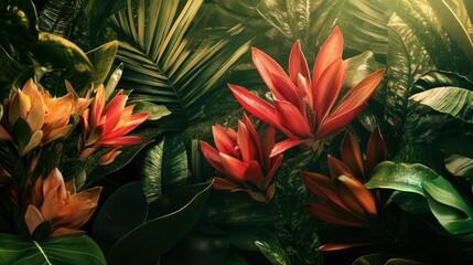 Naklejka premium Lush Tropical Foliage with Vibrant Red and Orange Blooms