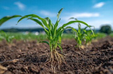 Young corn plants growing in field