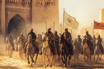 Majestic cavalry of ancient Arab soldiers riding through a desert landscape amid dust clouds and historic architecture