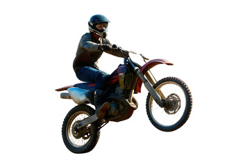 Motocross rider in mid-air jump isolated on a white background