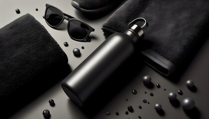 Matte black reusable water bottle with metal cap displayed alongside black towel and sunglasses on dark background emphasizing active lifestyle flat lay styling