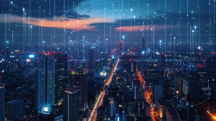 Fototapeta premium Aerial view of a cityscape at night with digital network connections and glowing city lights