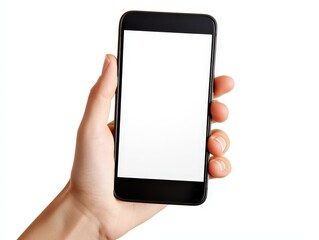 Hand holding smartphone with blank screen isolated on white background