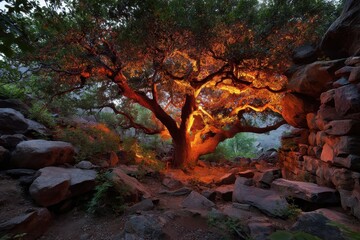 Obraz premium Illuminated Tree in Rocky Landscape