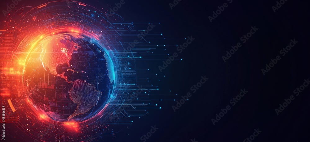 Poster digital globe with glowing connections and data streams representing global technology