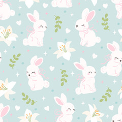 White Bunny Seamless Pattern with Lilies and Hearts, Pastel Spring Nursery Background, Cute Rabbit Floral Design