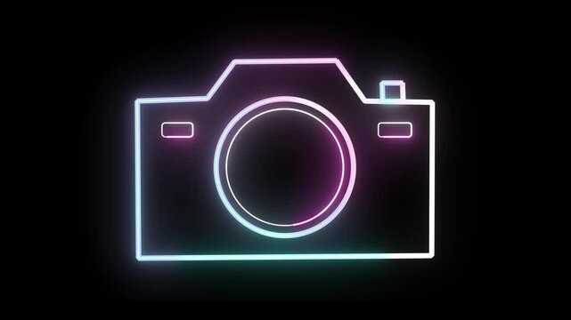 Animated neon camera icon on black background. Glowing visual effect for tech intros, photo apps, and modern digital interface design.