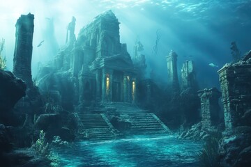 Exploring the ancient underwater city of Atlantis, where remnants of a lost civilization lie beneath the ocean, surrounded by marine life and mysterious structures