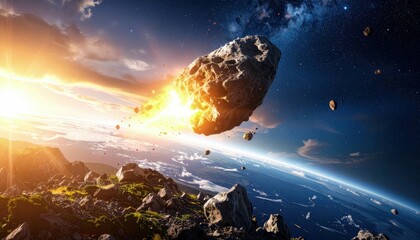 Epic cosmic view of an asteroid nearing Earth under a moody sky, perfect for poster art