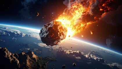 High-impact space illustration with asteroid approaching Earth and intense atmosphere