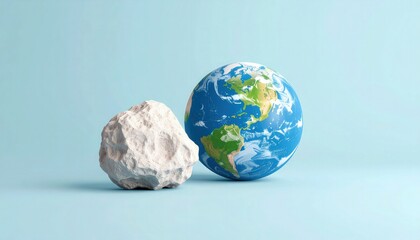 Minimal vector illustration of asteroid and Earth in pastel tones for Asteroid Day