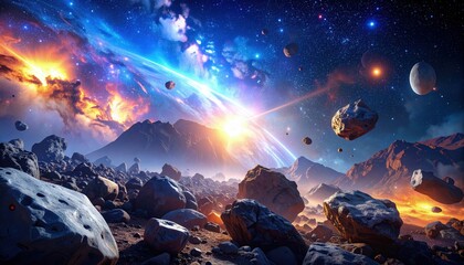 Futuristic deep space background with glowing stars and detailed asteroid field