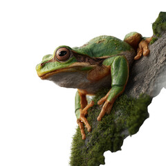 Naklejka premium Nature frog on mossy rock transparent background close-up photography outdoor setting macro view wildlife concept