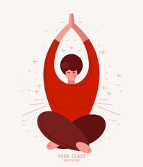 Illustration of body positive woman doing yoga in lotus position. Stylized flat graphic style for your design. Color print on white background