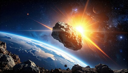 Space-themed artwork showing large asteroid heading toward Earth with poster-ready lighting