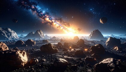 Asteroid field in a glowing futuristic universe with nebula clouds and starry depth