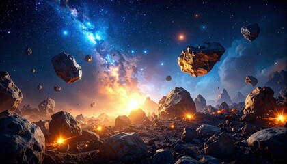 Sci-fi themed illustration of asteroid belt surrounded by nebulae and cosmic lights