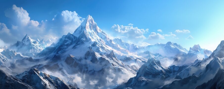 Majestic snow-capped mountains under clear blue sky with dramatic clouds - Powered by Adobe