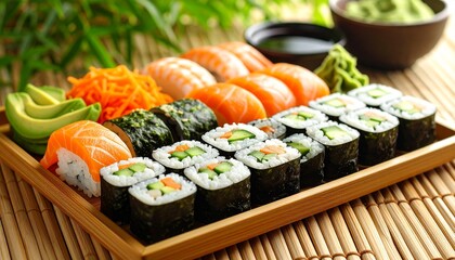 Delicious Sushi Platter Salmon, Avocado, and Vegetable Rolls
