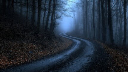 Obraz premium Misty forest road curves into unknown