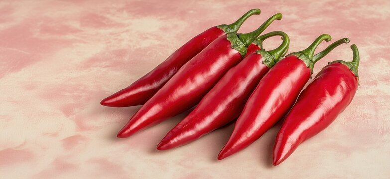 Fresh red chili peppers arranged on soft pink background for culinary use - Powered by Adobe