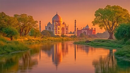 Fototapeta premium Captivating Taj Mahal view at sunset with river reflection and vibrant colors in tranquil scenery